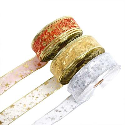 China 2m x 6.3cm Christmas Viable Ribbons Wire Ribbon Organza Glitter Edged Sheer Ribbon for DIY Christmas Tree Christmas Party Decorations for sale