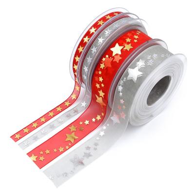 China Viable 5Yards 10/25mm Organza Christmas Stars Ribbon Band For Craft Sewing Decarotions Printed Gold Ribbons Handcraft DIY Bow for sale