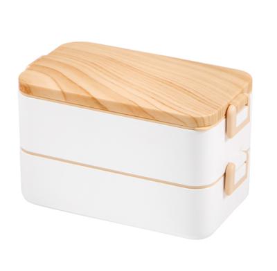 China Sustainable Wooden Grain Bento Lunch Box Microwave Heat 2 Layer Student Office Worker Lunch Box Fresh-Keeping Box for sale