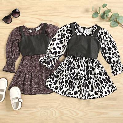 China Autumn Children Girl Clothes Set Breathable Leopard Fashion Long Sleeve Dress Vest 2PCS Outfit Set for sale