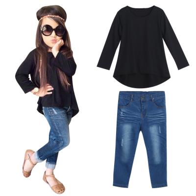 China Casual Vintage Spring Baby Kid Girls Clothes Sets Long Sleeve Tops Stitching T-shirt Denim Pants Jeans Set for sale