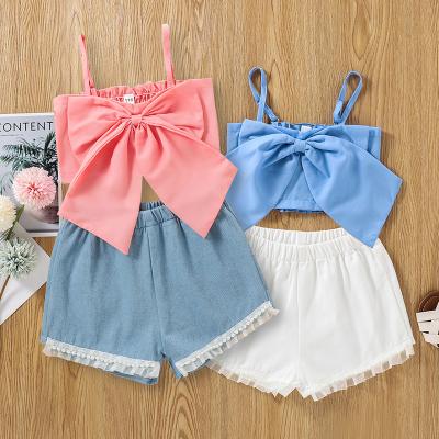 China Sweet Summer Kids Clothing Set Girls Bows T-shirt Shorts 2pcs Outfit Girls Beads Clothing Set for sale