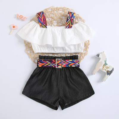 China Soft Summer Kids Girls Clothes Set Off The Shoulder Shirt Shorts Outfit Kids Summer Clothes Set for sale