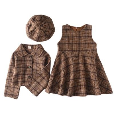 China Girls Casual Clothes Sets Autumn Fashion Winter Wool Coats Vest Dress Hat 3pcs Teams Kids Dressing Sets for sale