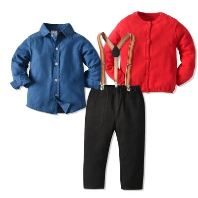 China New Baby Boy Casual Clothes Set Sweater Shirt Suspenders Pants Suit Kids Birthday Party Gentleman's Evening Wear for sale