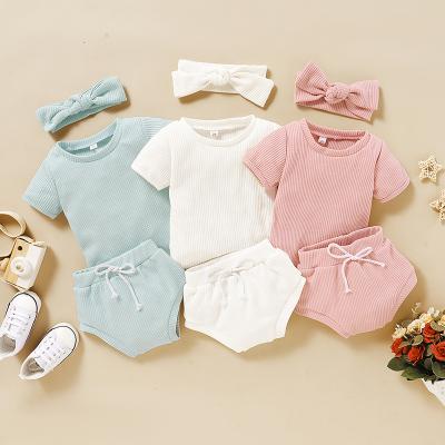 China Casual Summer Clothing Set Toddler Baby T-shirt Shorts Pants Newborns Headband Outfits Sunsuit for sale