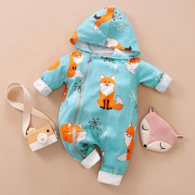 China Polyester/Cotton 2021 New Baby Boy Girls Autumn Winter Rompers Long Sleeve Hooded Zipper Fox Print Jumpsuit Cute Toddler Clothing for sale