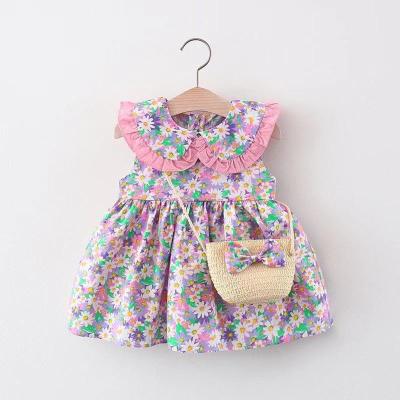 China Summer Breathable Dress Baby Toddler Infant Flower Printed Dress With Bag Babies Ruffle Dress for sale