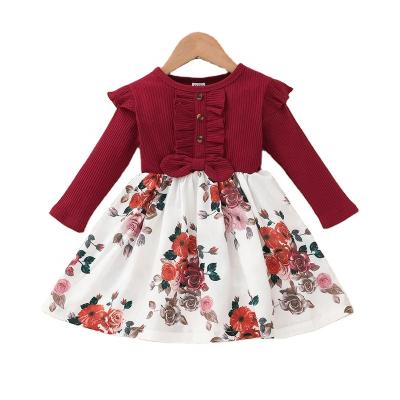 China Breathable Toddler Babies Dress Ruffle Pit Strip Stitching Dress Flower Long Sleeve Floral Print Girl Dress Clothes for sale