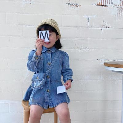 China New Autumn Dry Cleaning Denim Dress Toddler Baby Kids Lapel Princess Outfits Clothes Solid Shirt Dress With Bag for sale