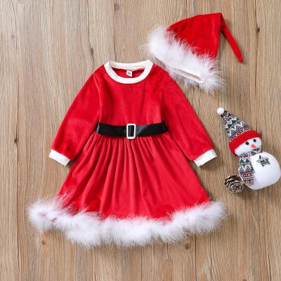 China Washable Christmas Baby Girls Dress Long Sleeve Red Kids Dress With Hat Fleece Dress for sale