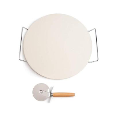 China Viable Cheap Price Heat Resistance Round Or Rectangle Pizza Stone Set , Ceramic Pizza Baking Stone With Pizza Cutter And Serving Rack for sale