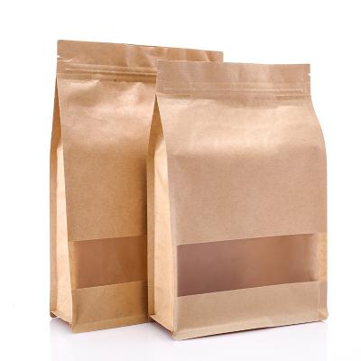 China Recyclable Resealable Food Packaging Zipper Brown Kraft Paper Flat Bottom Top Rack Up Pouch With Matt Window for sale