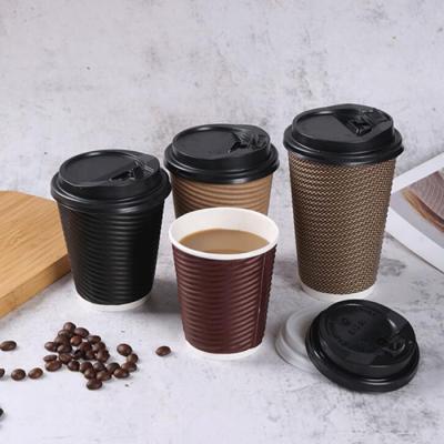 China Best Factory Customization 4Oz 8Oz 9Oz 12Oz Recyclable Double Wall Corrugated Texture Hot Kraft Black Brown Tea Paper Coffee Cups With Lid for sale