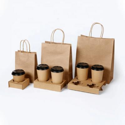 China Manufacturer Customized Printed Branded Recyclable Private Label Bag For Coffee Delivery Take Away Kraft Paper Bags With Handles for sale