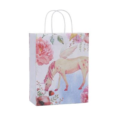 China Custom Unicorn White Shopping Kraft Paper Gift Bag Kids Birthday Party Wrapping Craft Recyclable China Supplier for sale