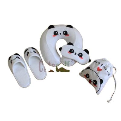 China Cute Cute Panda Modeling Promotional Gift Set Inflatable Neck Pillow Eye Mask Slipper With Drawstring Pouch for sale