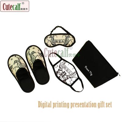 China Popular Hot Selling Goods Using Various Canvas Handbags Digital Printing Silk Travel Kit Eye Mask Slippers Sets for sale