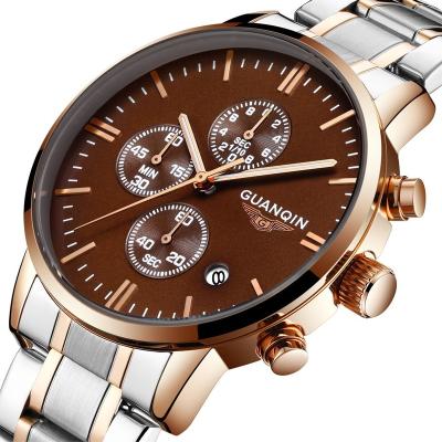 China GuanQin Stainless Steel Band Waterproof Men's Quartz Wrist Watch Hot Sale Day/Date Gent's Watch for sale