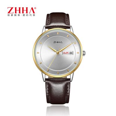 China Automatic Date Trending Genuine Leather Stainless Steel Glass Men's Casual High Hardness Wristwatch Man Quartz Watch Character Brown for sale