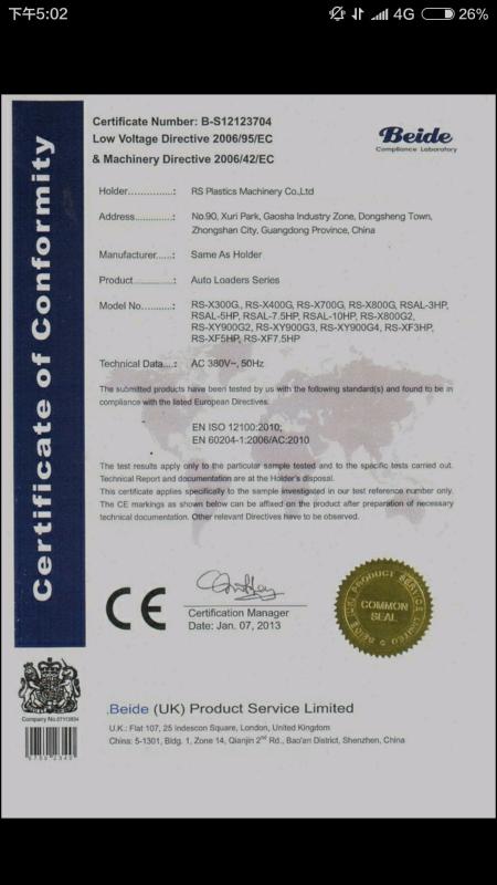 Certificate of Conformity - RS Plastics Machinery Co.,Limited