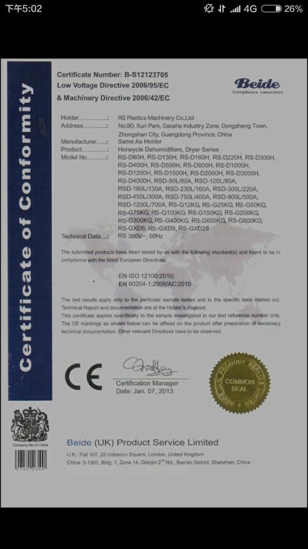 Certificate of Conformity - RS Plastics Machinery Co.,Limited