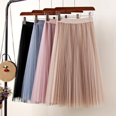 China Anti-Static Tulle Skirts Women's Midi Pleated Black Pink Women's Tulle Skirt Elastic Waist Korean Mesh Tutu Skirt 2020 Spring Summer High Waist for sale