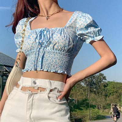 China Coldker 2021 Latest Sustainable Design Square Collar Shorts Floral Print Women's Sheath Blouse Ruffle Sheaths Top Fitness Crop For Girl for sale