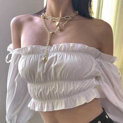 China Sustainable Coldker 2021 Hot Selling Women Long Sleeve Sexy Long Blouses Lantern Sleeve Off The Shoulder Short Crop Tops Clothing For Women for sale