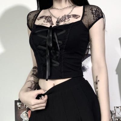 China 2021 Viable New Vintage Tops Sexy Female Gothic Mesh Tee Casual Streetwear T-shirts Black Lace Bandage Bodycon Women T-shirt Goth for sale