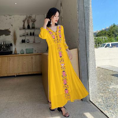 China Retro Style Anti-static Ethnic Embroidery V-neck Long Placket Vacation Dress Sashas Elastic Waist Beach Dresses for sale