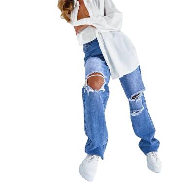 China Blue Five Pockets Breathable Women Fashion Denim Straight Pants Sweeps Favorite Wash Hole Casual Jeans for sale