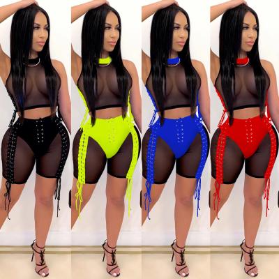 China New Fashion Sustainable Women See Through Tulle Two Piece Set Lace Up High Neck Mesh Nightclub Wear Suits for sale