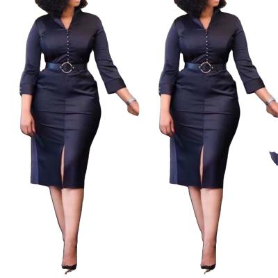 China New Washable Women's Elegant V-Neckline Waistbelt Plus Size Hip Slit Dress Black Mid Waist Daily Business Suit for sale