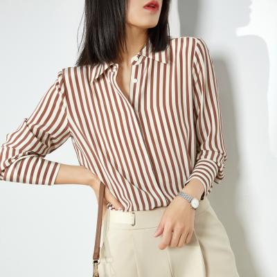 China High Quality Viable Silk Coffee Fashion Striped Women Shirts Stand Up Collar Long Sleeve Cuff Shirts for sale