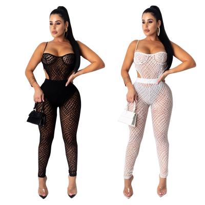 China Viable Unique Design Hot Sales Plus Size Women Hollow Out Overalls Spaghetti Tie Transparent Tight Fish Net Jumpsuit for sale