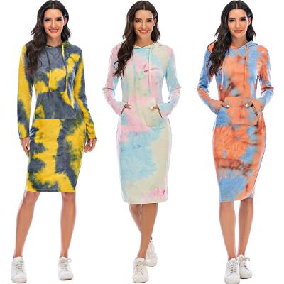 China Viable Newcomers Autumn Spring Long Sleeve Extra Long Knitted Hoodies Dress Tie Dye Loose Casual Sweatshirts Dress for sale