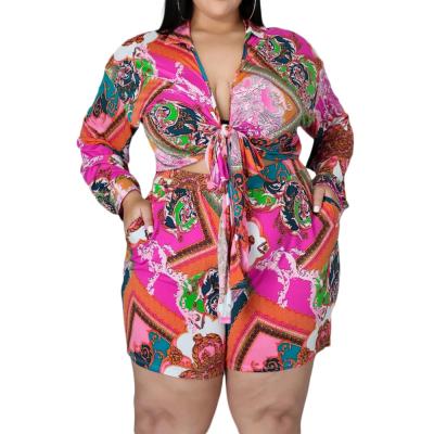 China CustomPlus Size Manufacturers Plus Size Women's Bow Pockets Floral Print Set Two Piece Mini Shorts Casual Sweatshirt Suits for sale