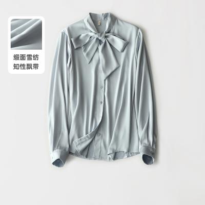 China 2022 Spring Summer Work Patch Sleeve Work Shirt Blouse Chiffon Long Sleeve Long Neck Office Casual Lady Shirt Chiffon Bow Ties for sale