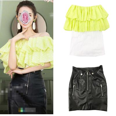 China Viable Fashion Women Off Shoulder Ruffles Polka Dot Fluoreacent Suits Black Pu Pockets Skirt Set for sale