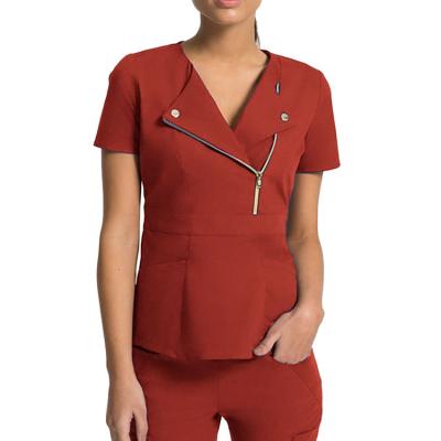 China Good Quality Eco - Friendly Women Anti Wrinkle Scrubs Oblique Zipper Scrubs Medical Nurse Uniforms for sale