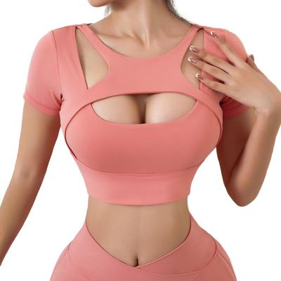 China 5611951 Breathable SEXY Deep Low-Neck Hollowed Out Gym Shockproof Fitness Shirt Style Impact Yoga Crop Top Underwear for sale