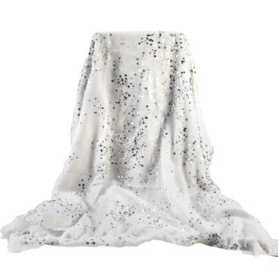 China Custom poly voile foil print on white poly voile scarf with 2cm fringe for sale