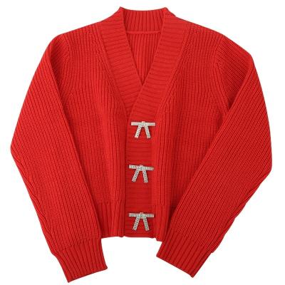 China Anti-pilling boutique style QUICK DRY red soft v-neck spring hand knitting casual style women cardigan sweater for sale