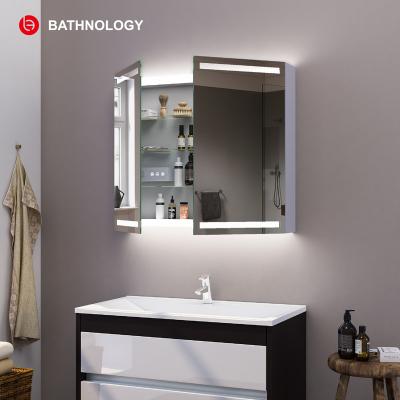 China Wholesale LED Light Manufacture Double-open Glass Door Illuminated Bathroom Led Mirror Medicine Cabinet for sale