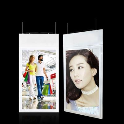 China Indoor Exterior Semi-Door Super Thin Hanging Ceiling Mounted Double Sided Double Screen Advertising Shop Window Display for sale