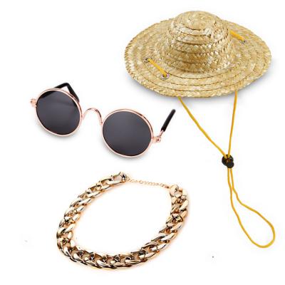 China Viable Manufacturers Store Fashion Pet Jewelry Set Sunglasses Dog Collar Straw Hat Cat Supplies Combo Set for sale