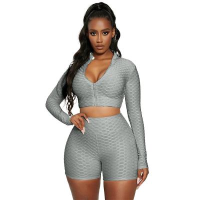 China New Summer Women Breathable 2 Piece Long Sleeve Zipper Sports Crop Top Yoga Set Fitness Crop Top Set for sale