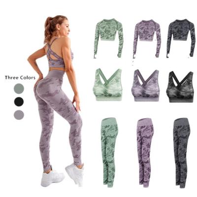 China Breathable 3PCS Camouflage Seamless Set Yoga Sport Wear For Women Fitness Clothing Camouflage Set 2 Piece Yoga Leggings for sale