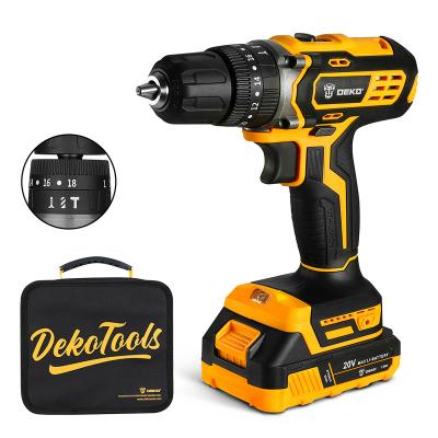 China DEKO DKCD20ID01-H5 Cordless Impact Drill 18+1 Battery Cordless Impact Drill 20v Power Drill 0-1350rpm DKCD20ID01-H5 for sale